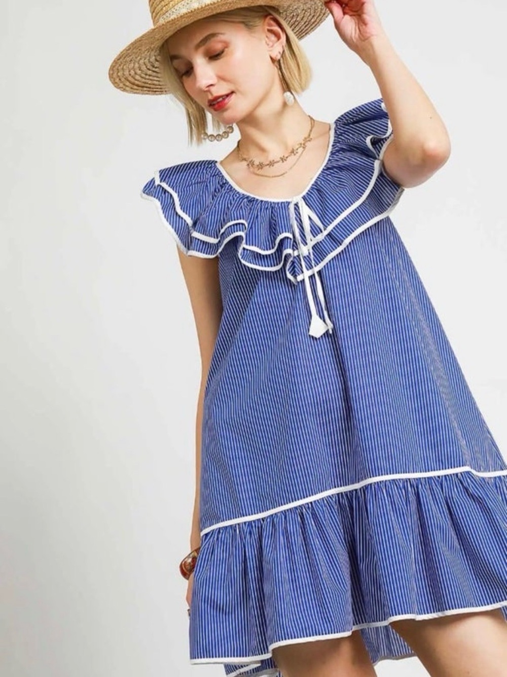 Umgee Blue and White Striped Ruffle Mini Dress - Picture 4 of 5